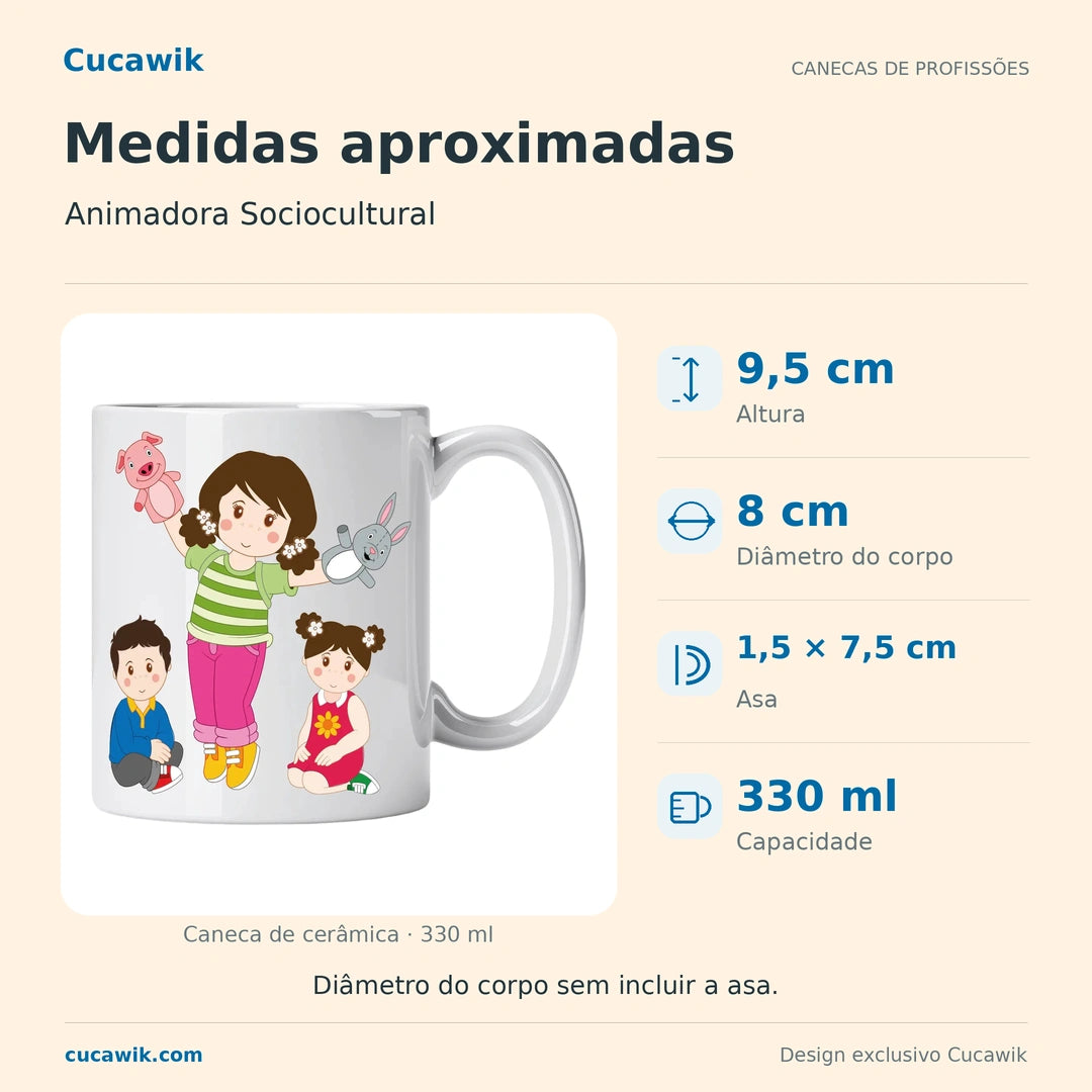 Caneca de Cerâmica Animadora Sociocultural — Medidas aproximadas | Cucawik