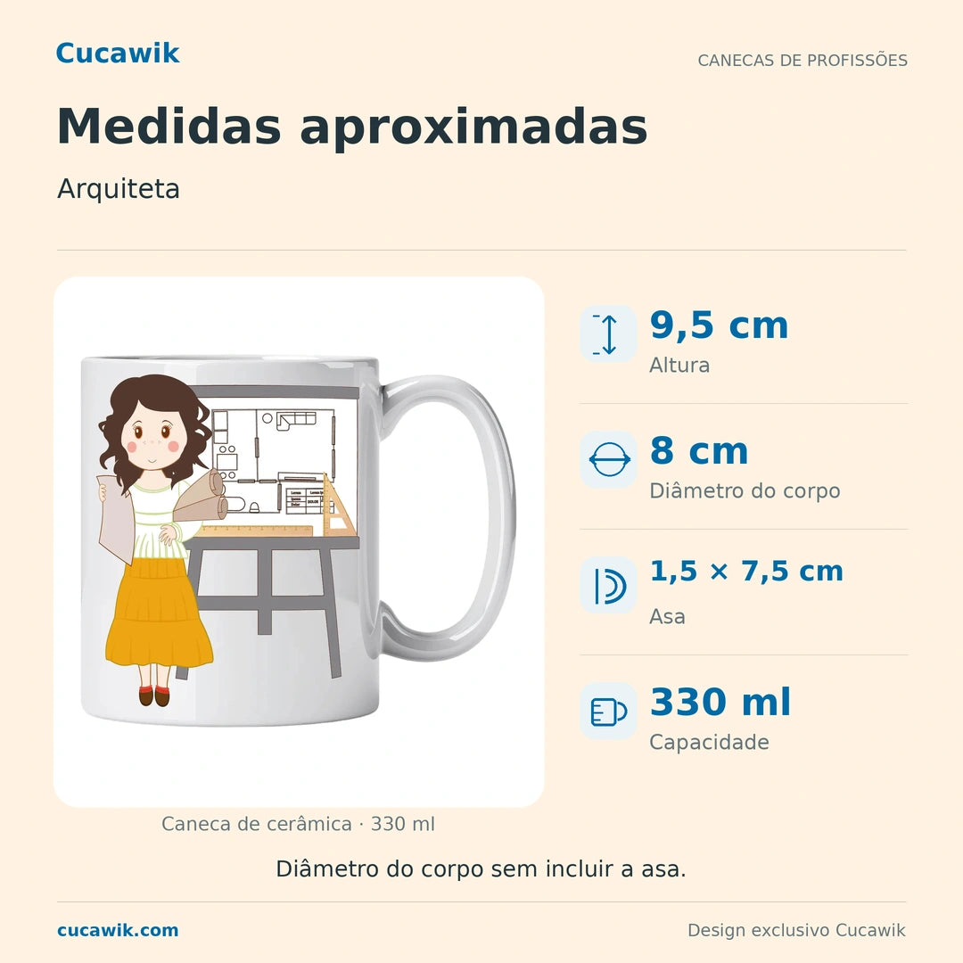 Caneca de Cerâmica Arquiteta — Medidas aproximadas | Cucawik
