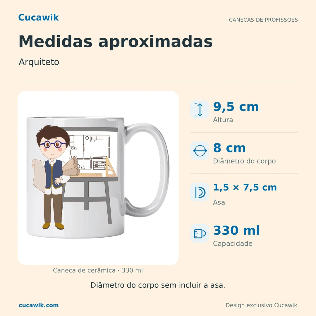 Caneca de Cerâmica Arquiteto — Medidas aproximadas | Cucawik