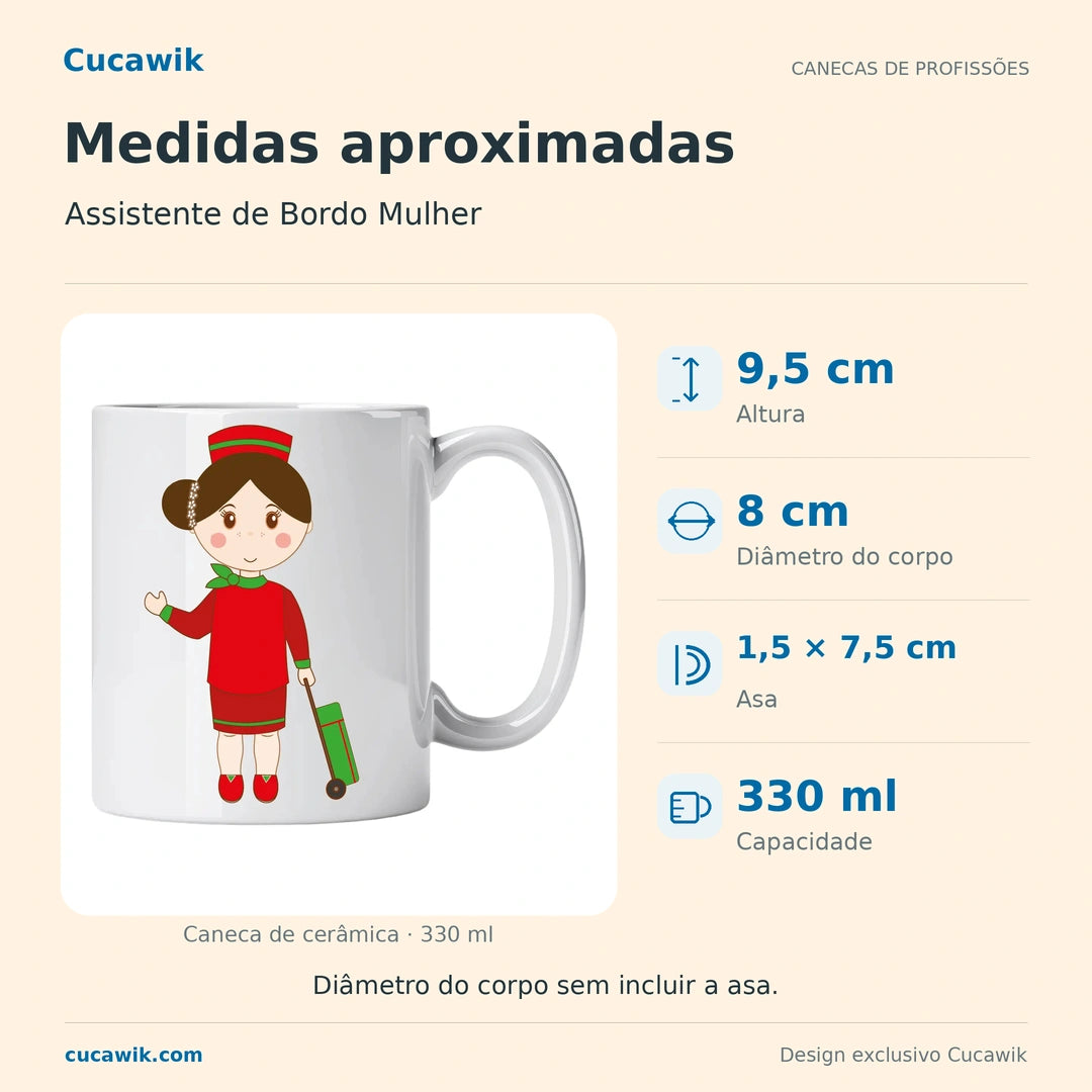 Caneca de Cerâmica Assistente de Bordo Mulher — Medidas aproximadas | Cucawik