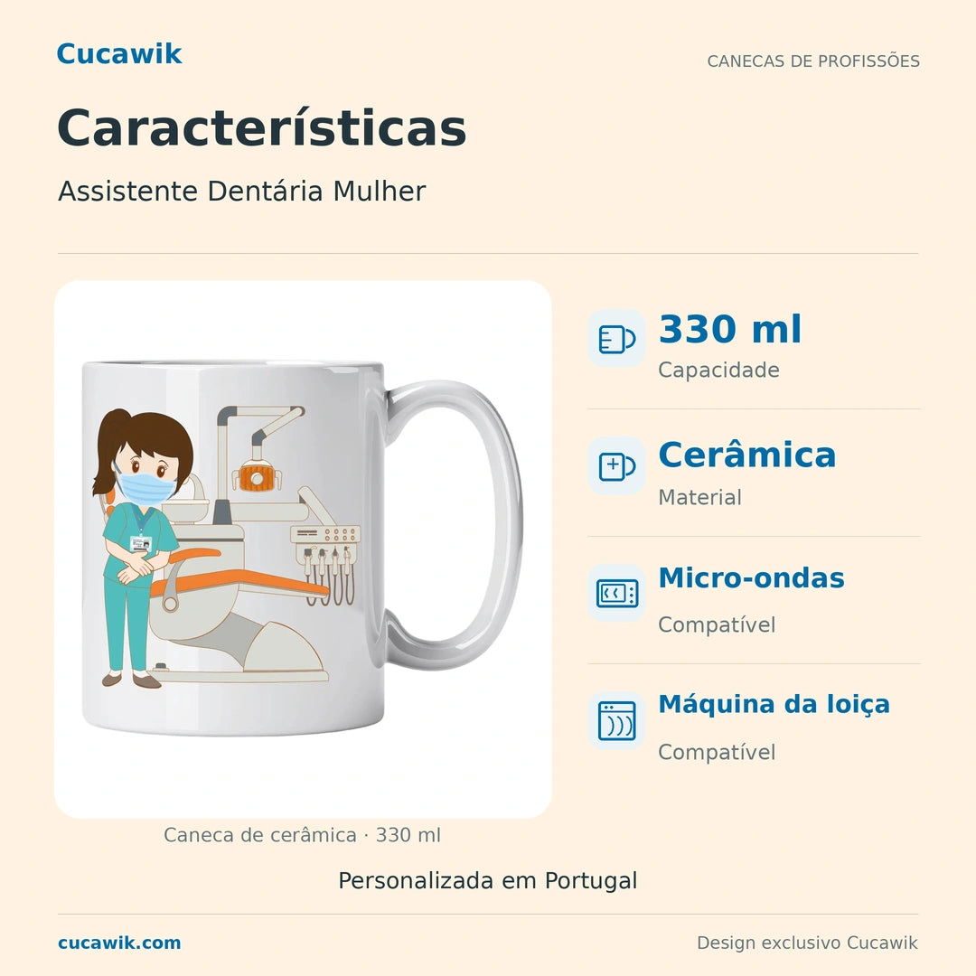 Caneca de Cerâmica Assistente Dentária Mulher — Características | Cucawik