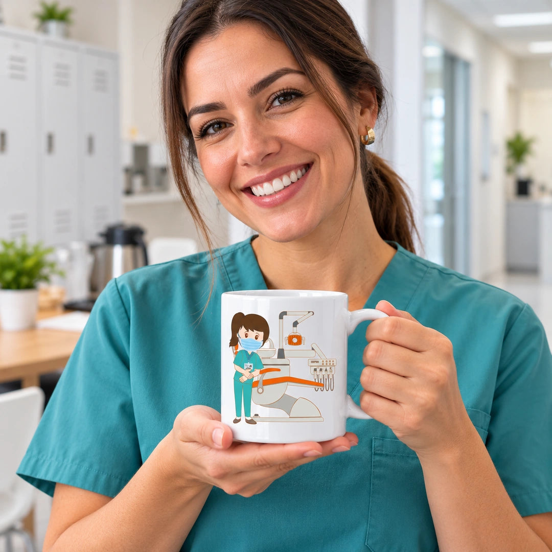 Caneca de Cerâmica Assistente Dentária Mulher em utilização | Cucawik