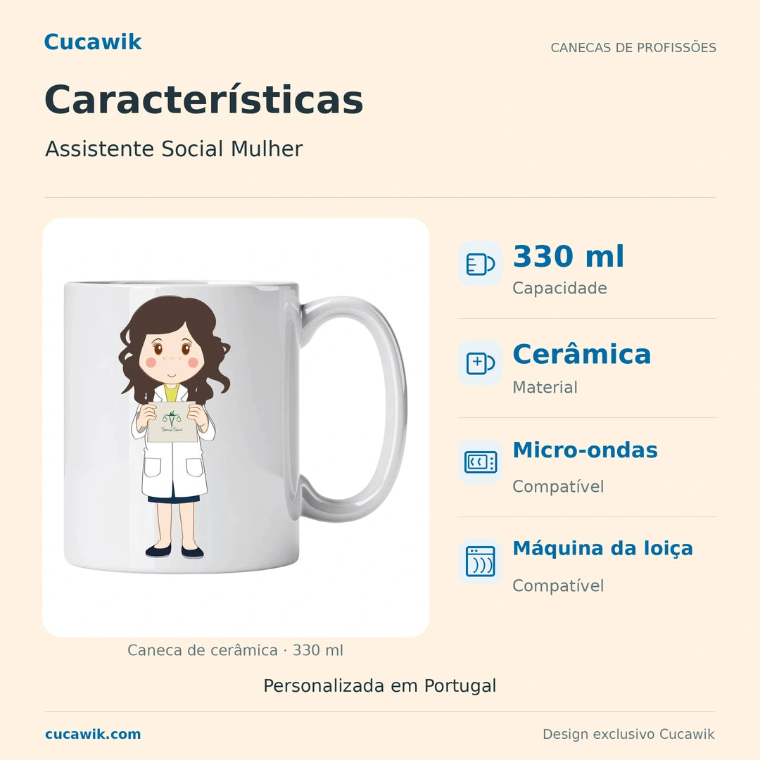 Caneca de Cerâmica Assistente Social Mulher — Características | Cucawik
