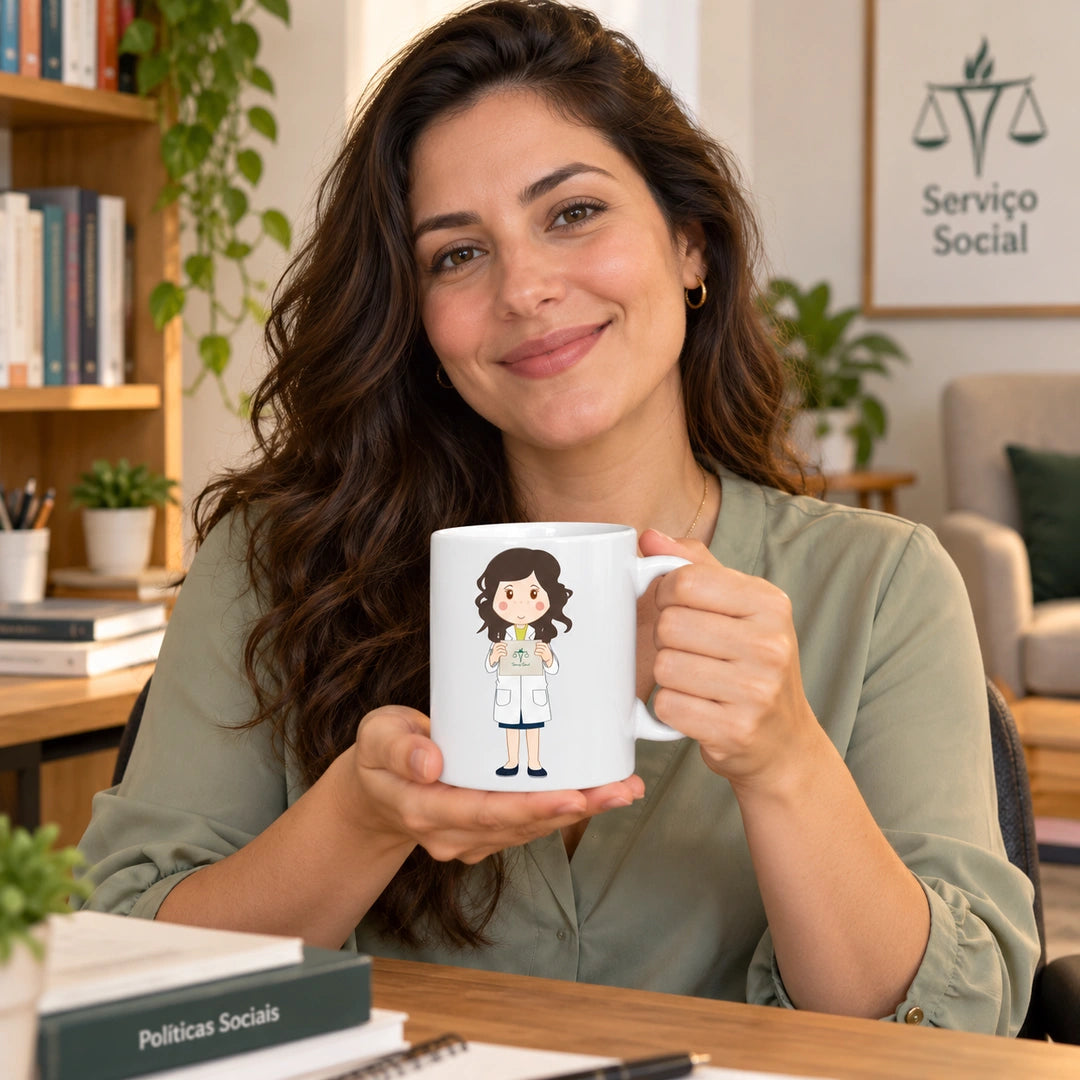 Caneca de Cerâmica Assistente Social Mulher em utilização | Cucawik