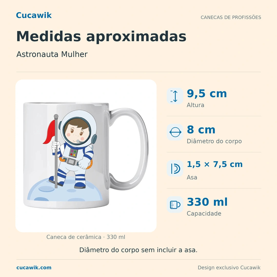 Caneca de Cerâmica Astronauta Mulher — Medidas aproximadas | Cucawik