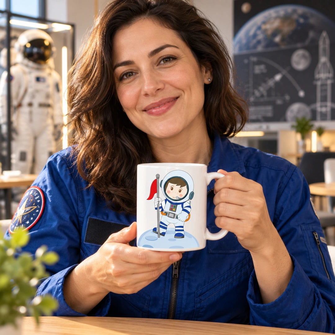 Caneca de Cerâmica Astronauta Mulher em utilização | Cucawik
