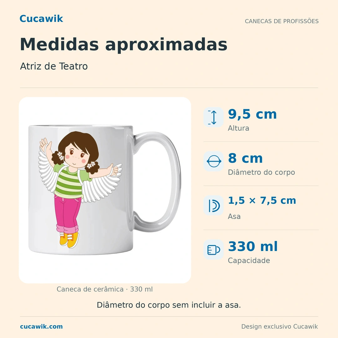 Caneca de Cerâmica Atriz de Teatro — Medidas aproximadas | Cucawik