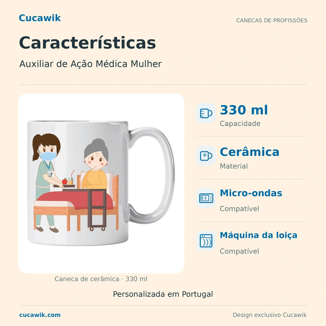 Caneca de Cerâmica Auxiliar de Ação Médica Mulher — Características | Cucawik