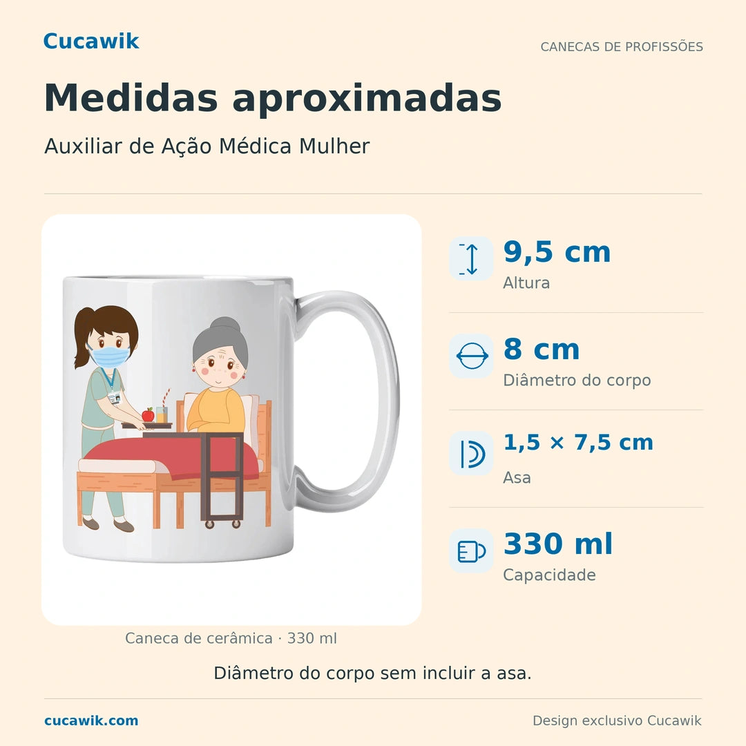 Caneca de Cerâmica Auxiliar de Ação Médica Mulher — Medidas aproximadas | Cucawik