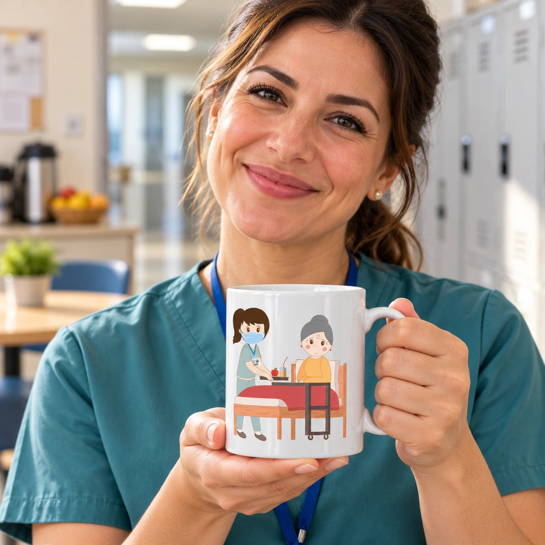 Caneca de Cerâmica Auxiliar de Ação Médica Mulher em utilização | Cucawik
