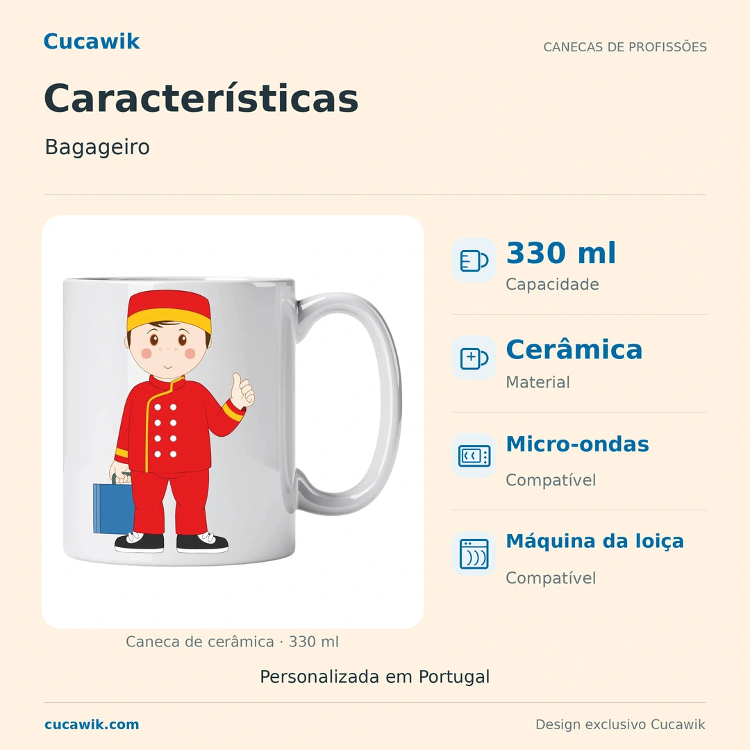 Caneca de Cerâmica Bagageiro — Características | Cucawik