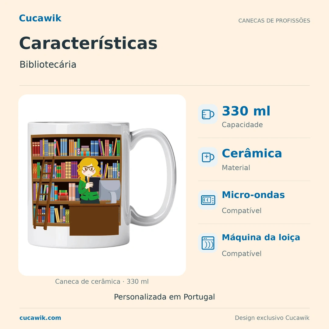 Caneca de Cerâmica Bibliotecária — Características | Cucawik