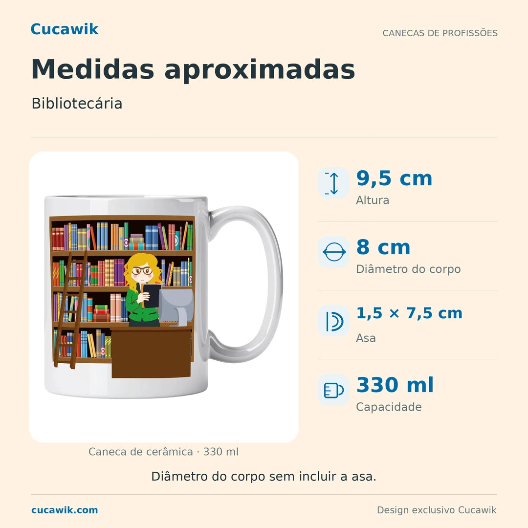 Caneca de Cerâmica Bibliotecária — Medidas aproximadas | Cucawik