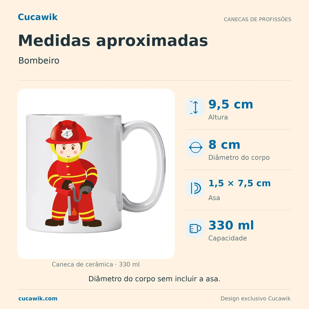 Caneca de Cerâmica Bombeiro — Medidas aproximadas | Cucawik