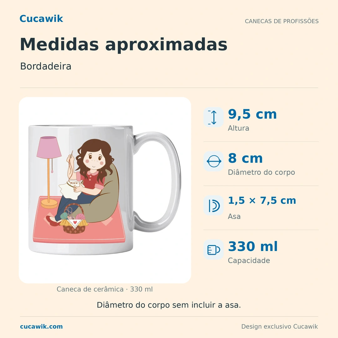 Caneca de Cerâmica Bordadeira — Medidas aproximadas | Cucawik