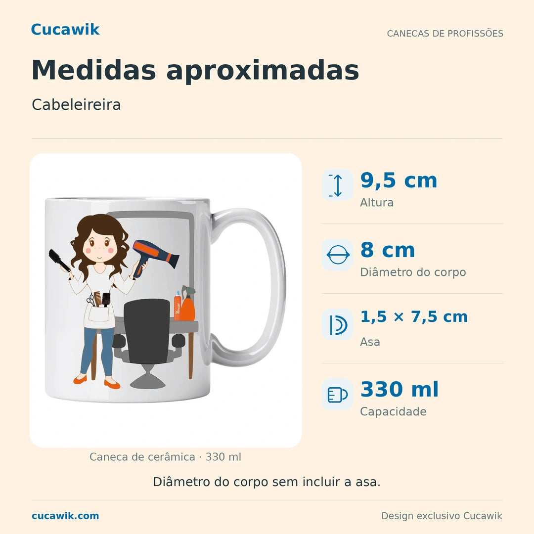 Caneca de Cerâmica Cabeleireira — Medidas aproximadas | Cucawik