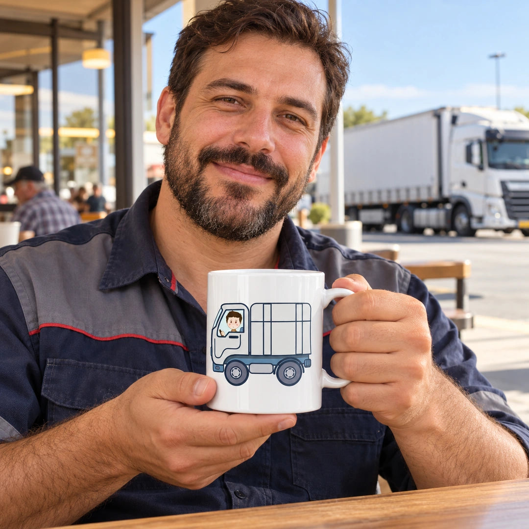 Caneca de Cerâmica Camionista Homem em utilização | Cucawik