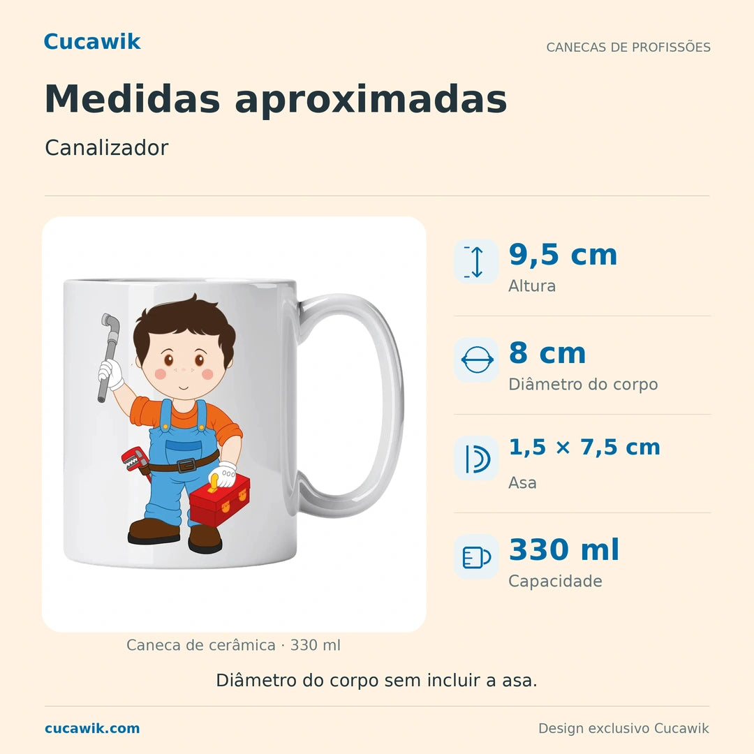 Caneca de Cerâmica Canalizador — Medidas aproximadas | Cucawik