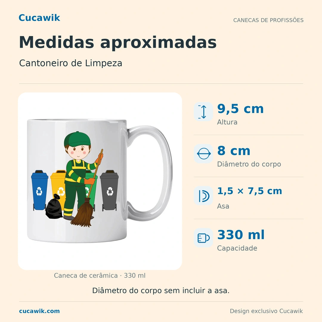 Caneca de Cerâmica Cantoneiro de Limpeza — Medidas aproximadas | Cucawik