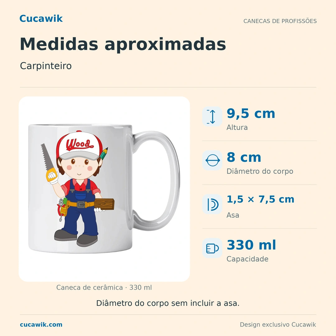 Caneca de Cerâmica Carpinteiro — Medidas aproximadas | Cucawik