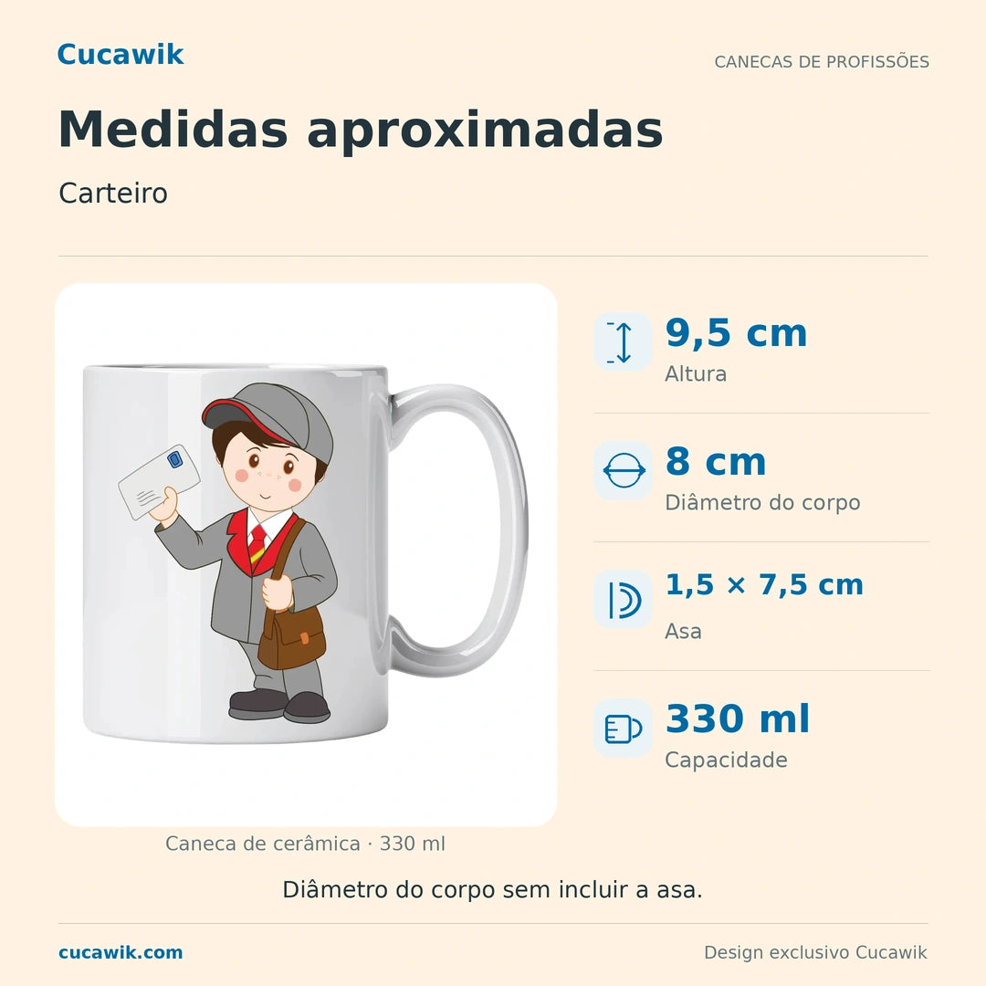 Caneca de Cerâmica Carteiro — Medidas aproximadas | Cucawik