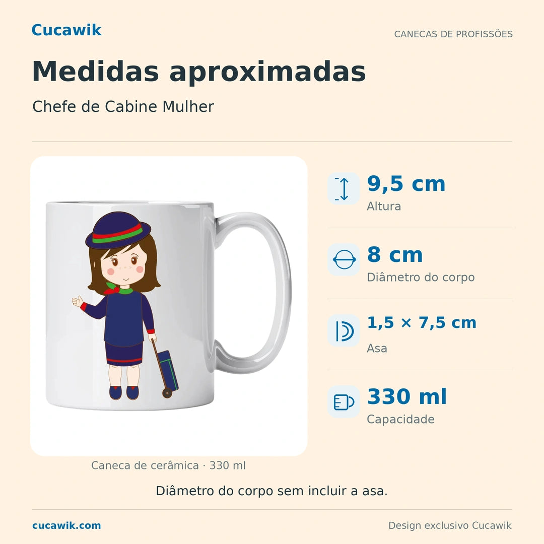 Caneca de Cerâmica Chefe de Cabine Mulher — Medidas aproximadas | Cucawik
