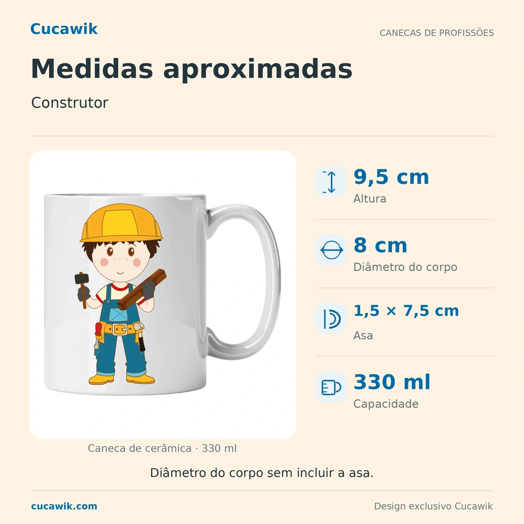 Caneca de Cerâmica Construtor — Medidas aproximadas | Cucawik