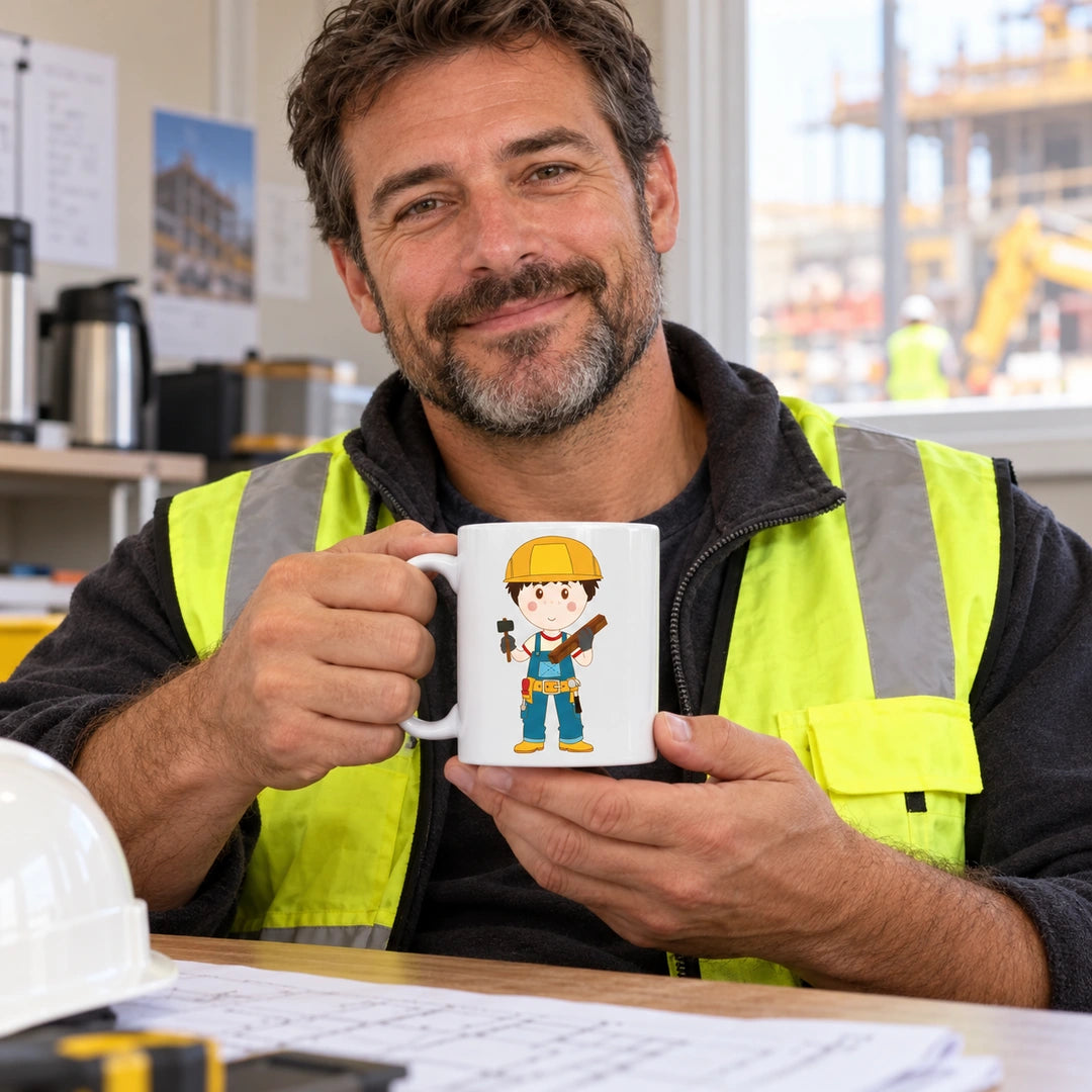 Caneca de Cerâmica Construtor em utilização | Cucawik