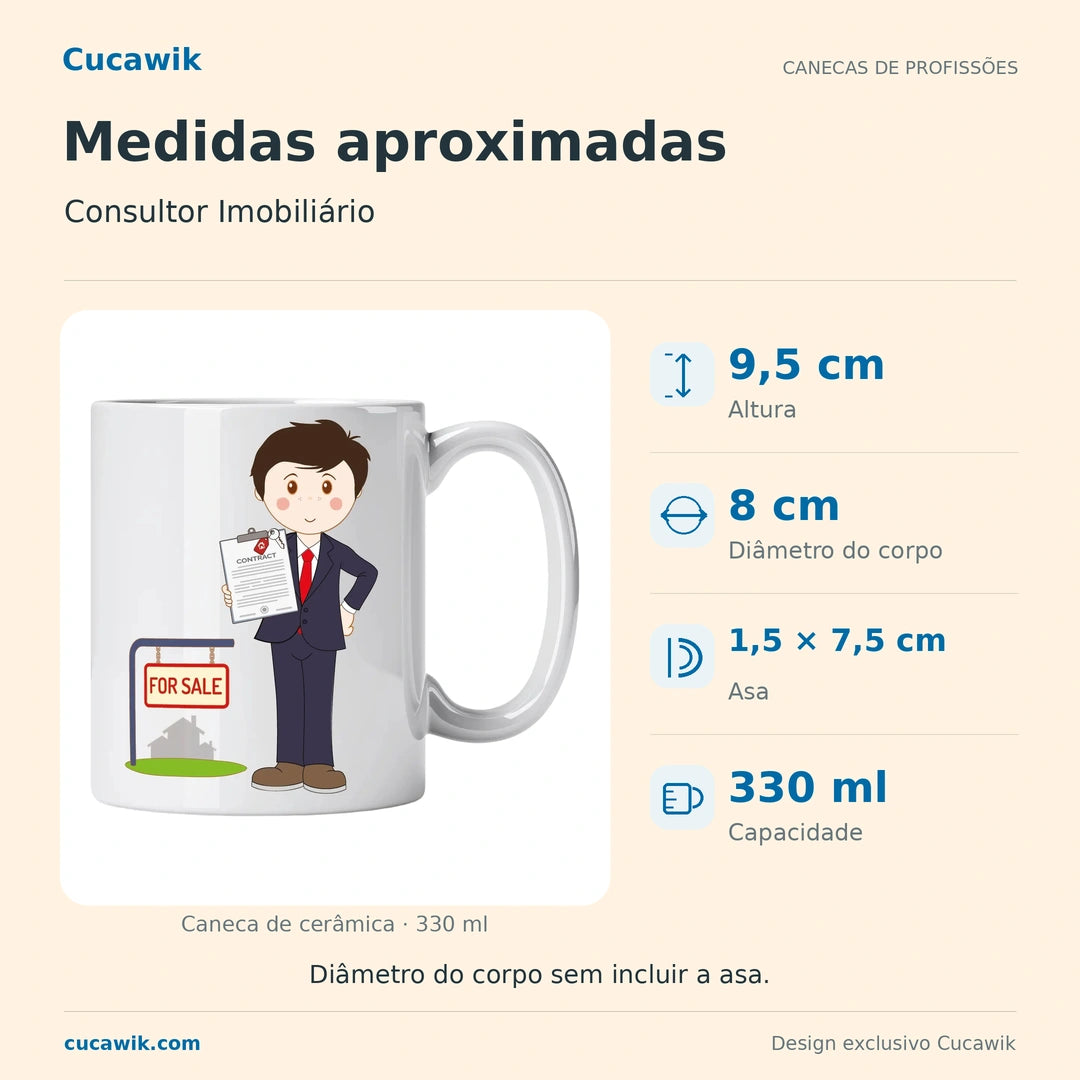 Caneca de Cerâmica Consultor Imobiliário — Medidas aproximadas | Cucawik