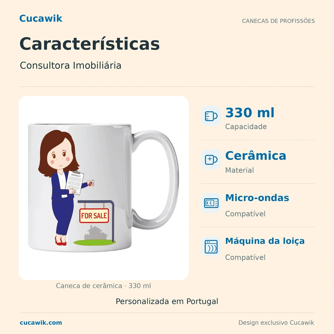 Caneca de Cerâmica Consultora Imobiliária — Características | Cucawik