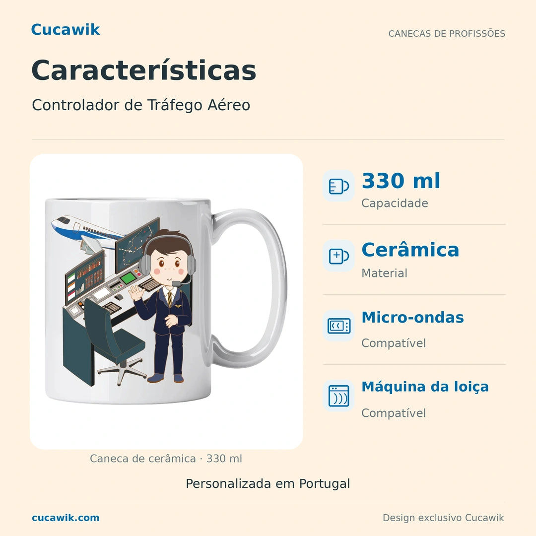 Caneca de Cerâmica Controlador de Tráfego Aéreo — Características | Cucawik