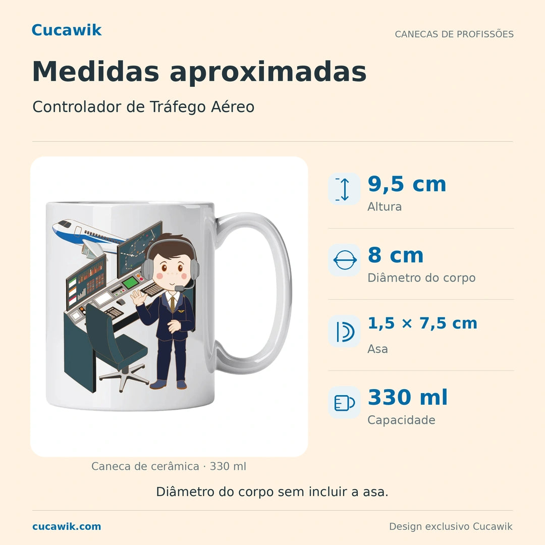 Caneca de Cerâmica Controlador de Tráfego Aéreo — Medidas aproximadas | Cucawik