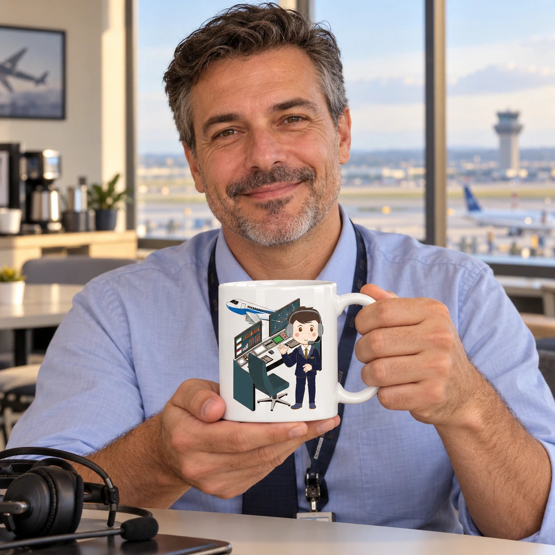 Caneca de Cerâmica Controlador de Tráfego Aéreo em utilização | Cucawik