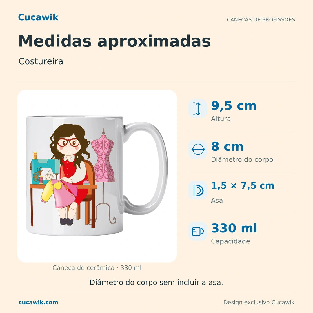 Caneca de Cerâmica Costureira — Medidas aproximadas | Cucawik