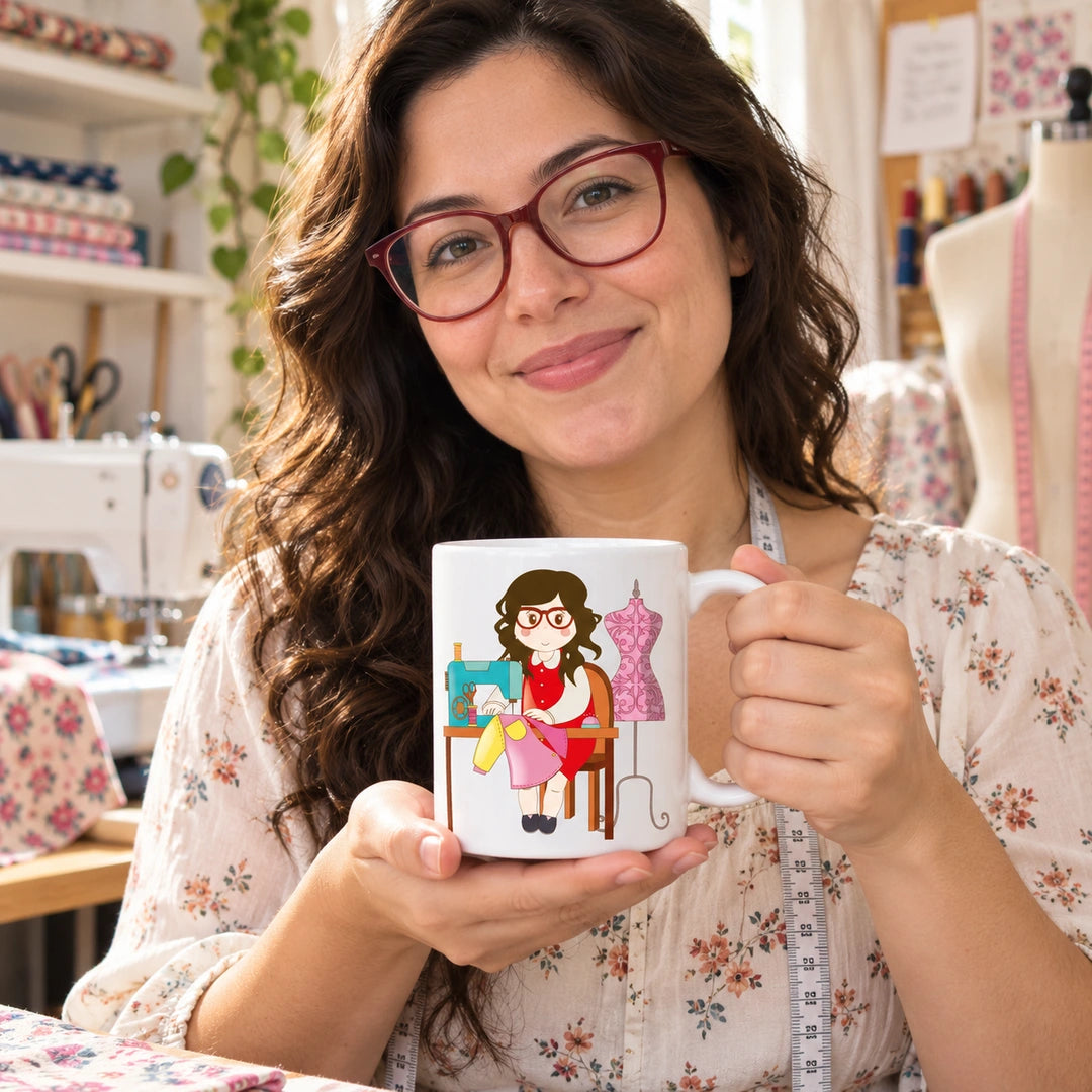 Caneca de Cerâmica Costureira em utilização | Cucawik