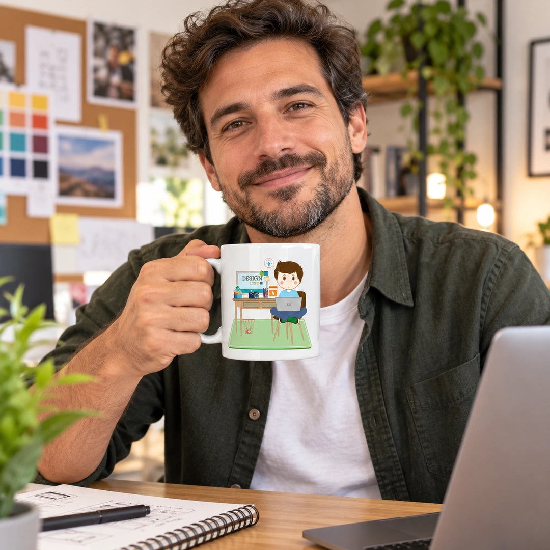 Caneca de Cerâmica Designer Homem em utilização | Cucawik