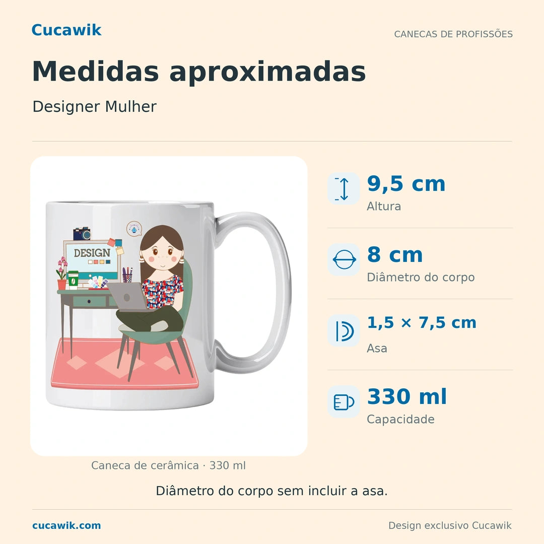Caneca de Cerâmica Designer Mulher — Medidas aproximadas | Cucawik