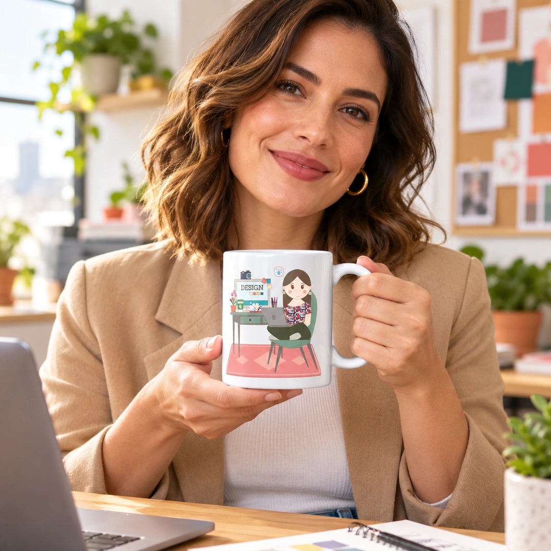 Caneca de Cerâmica Designer Mulher em utilização | Cucawik