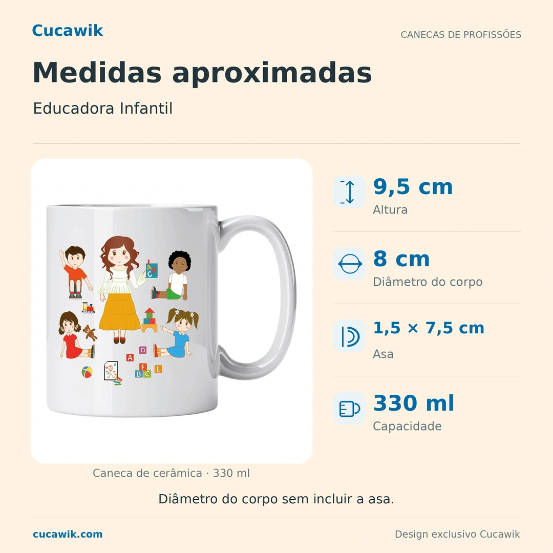 Caneca de Cerâmica Educadora Infantil — Medidas aproximadas | Cucawik