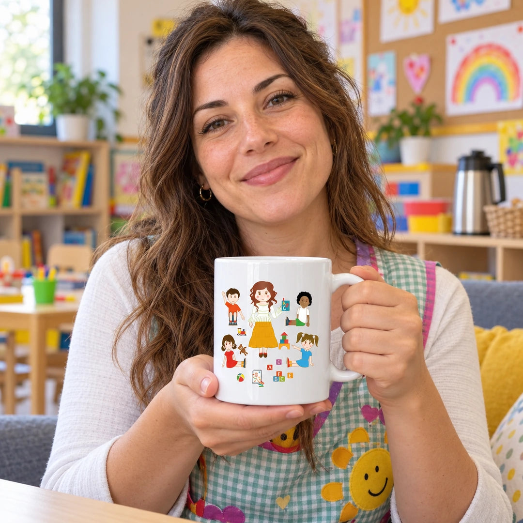 Caneca de Cerâmica Educadora Infantil em utilização | Cucawik