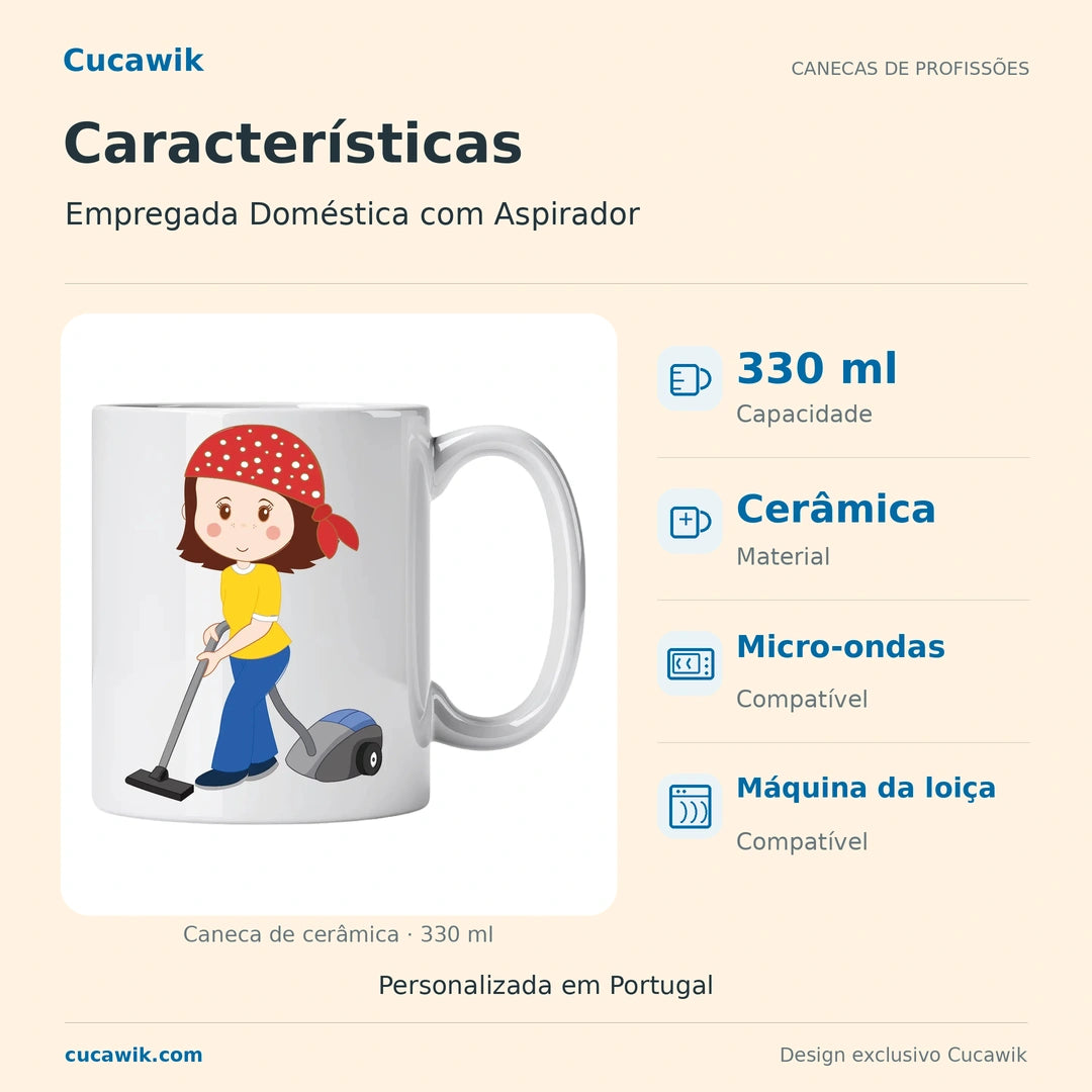 Caneca de Cerâmica Empregada Doméstica com Aspirador — Características | Cucawik