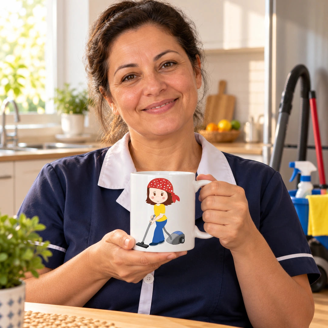 Caneca de Cerâmica Empregada Doméstica com Aspirador em utilização | Cucawik