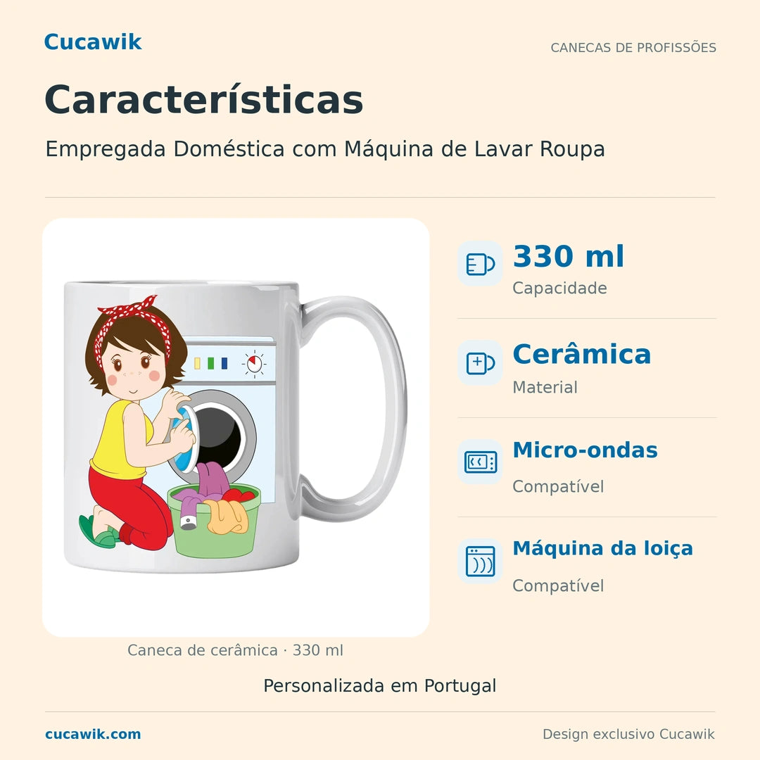 Caneca de Cerâmica Empregada Doméstica com Máquina de Lavar Roupa — Características | Cucawik
