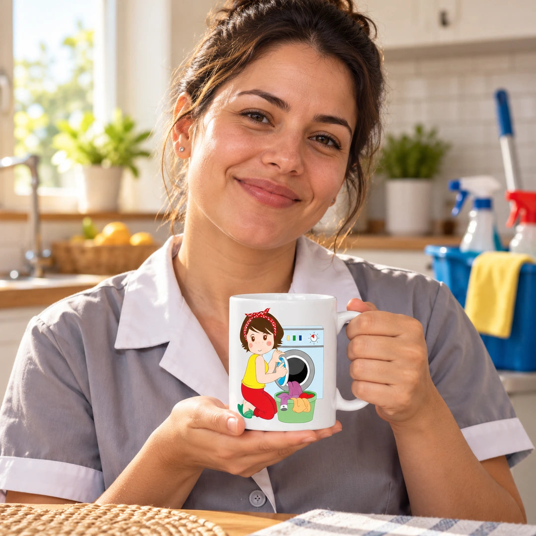Caneca de Cerâmica Empregada Doméstica com Máquina de Lavar Roupa em utilização | Cucawik