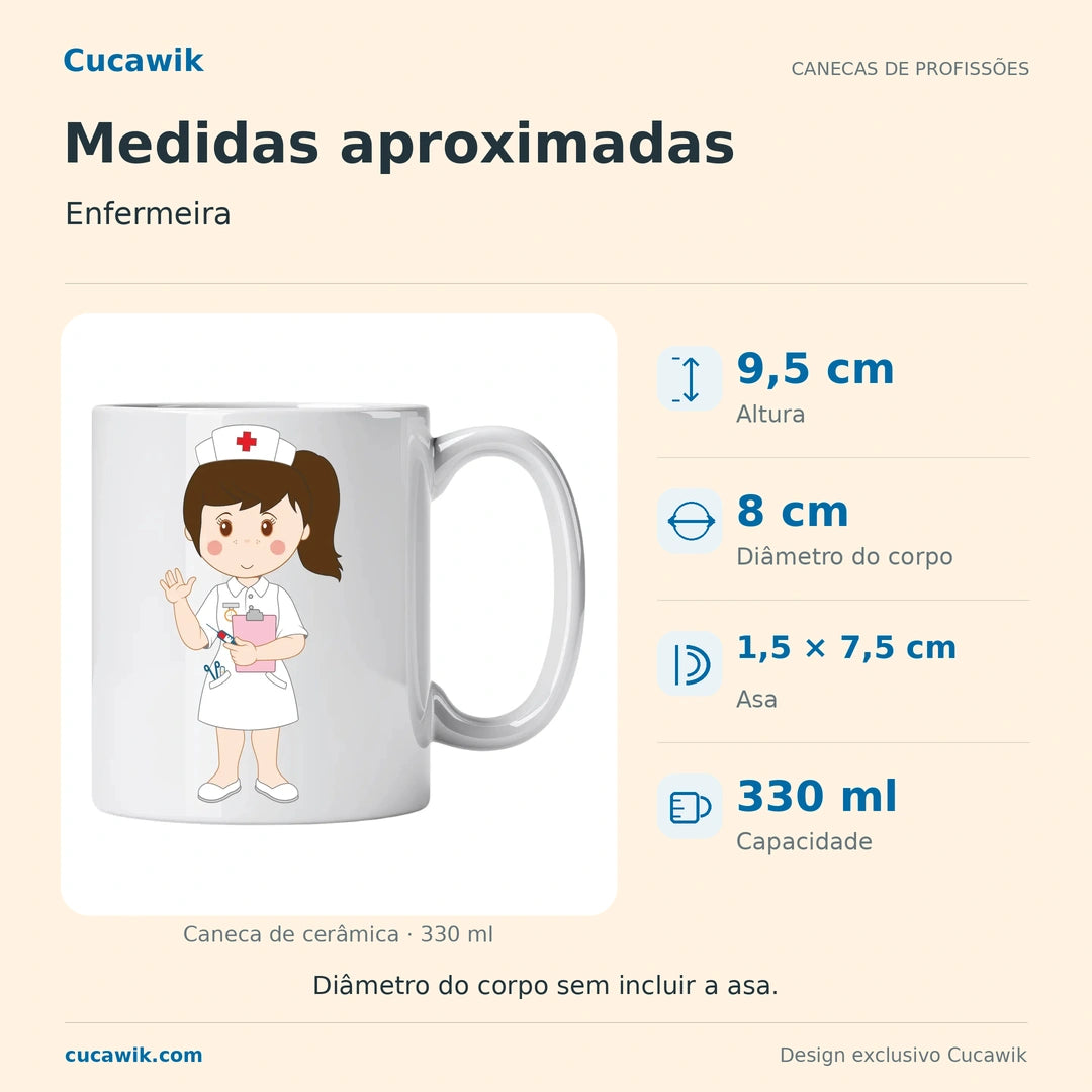 Caneca de Cerâmica Enfermeira — Medidas aproximadas | Cucawik