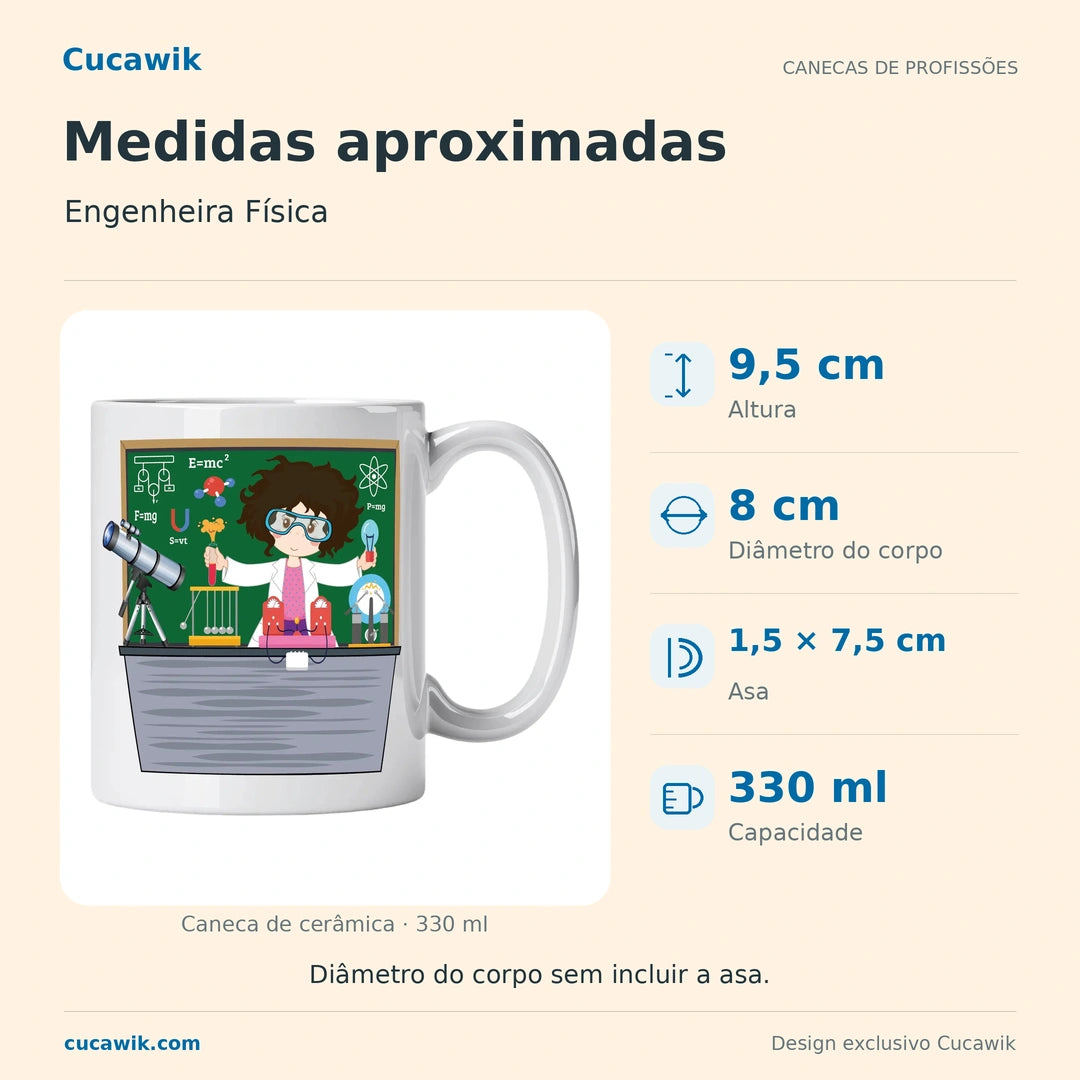 Caneca de Cerâmica Engenheira Física — Medidas aproximadas | Cucawik