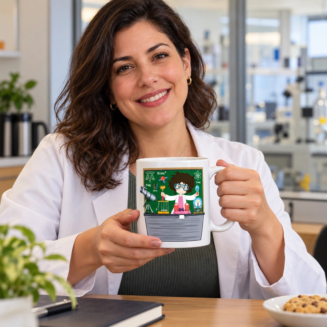 Caneca de Cerâmica Engenheira Física em utilização | Cucawik
