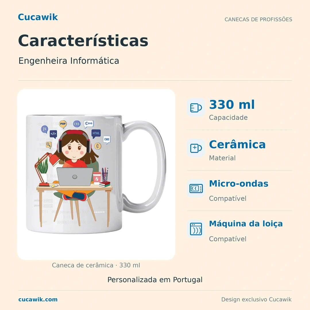 Caneca de Cerâmica Engenheira Informática — Características | Cucawik