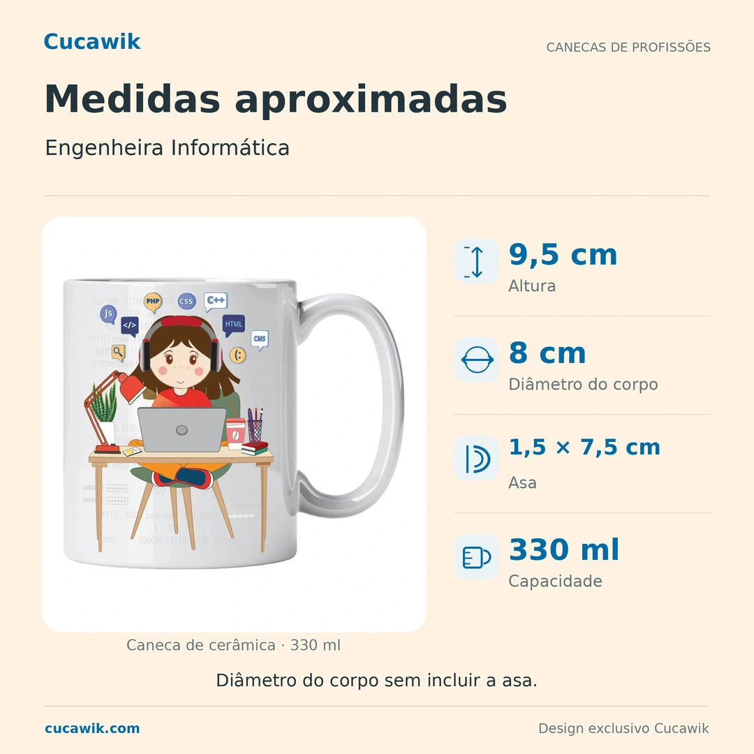 Caneca de Cerâmica Engenheira Informática — Medidas aproximadas | Cucawik