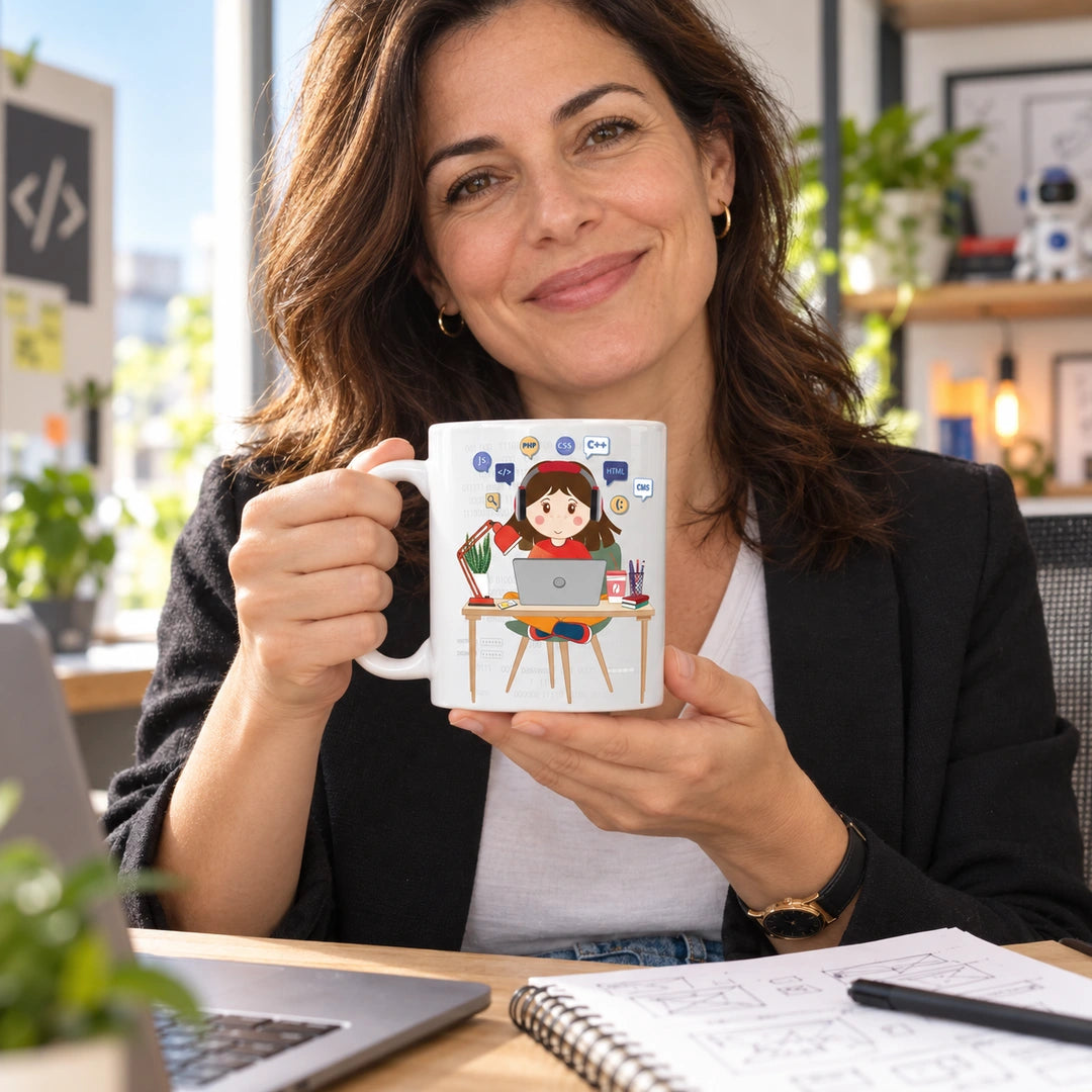 Caneca de Cerâmica Engenheira Informática em utilização | Cucawik